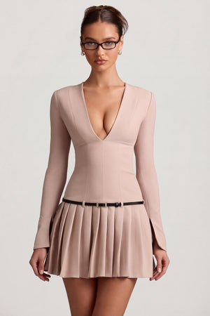 Oh Polly's Anna wearing the Fiorella Mini Dress in Mushroom Stretch Woven fabric perfect for a night out