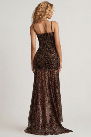Oh Polly's Juliana Nulu wearing the Haruna Gown Length Dress in Leopard Mesh fabric perfect for a night out