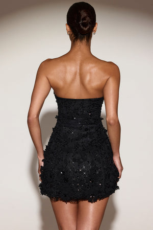 Embellished Bandeau A-line Mini Dress in Black