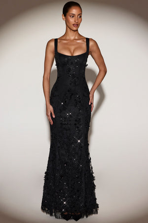 slim fit dress slacks Vasanta Embellished Fishtail Corset Gown in Black
