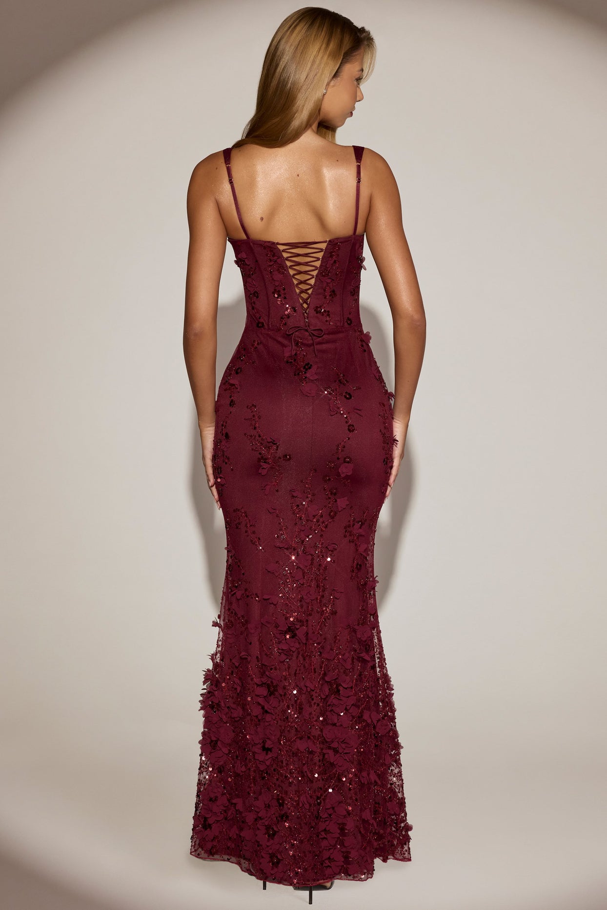 Embellished Appliqué Soft-Scoop Corset Gown in Wine Red - 7