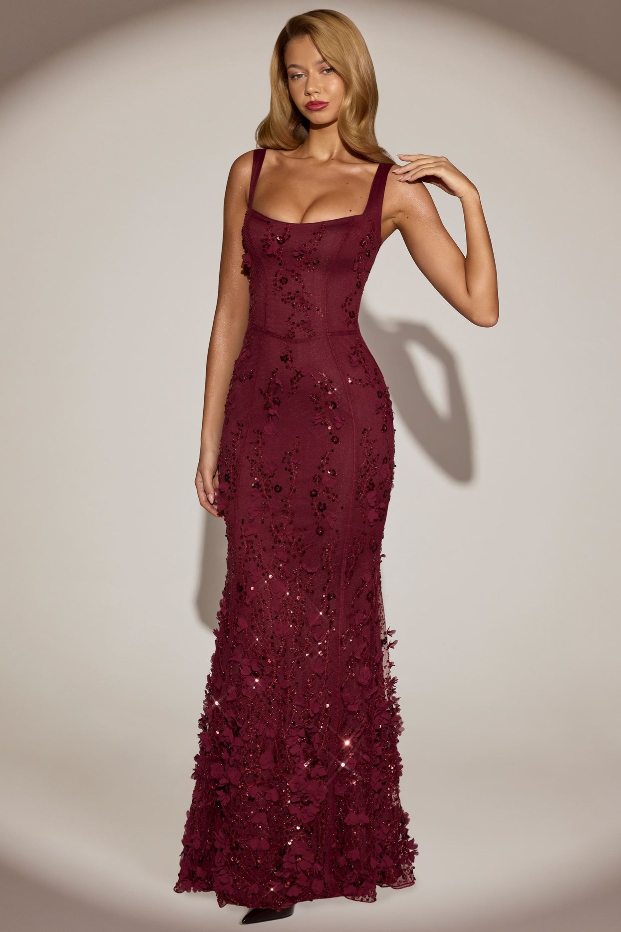 Embellished Appliqué Soft-Scoop Corset Gown in Wine Red - 9