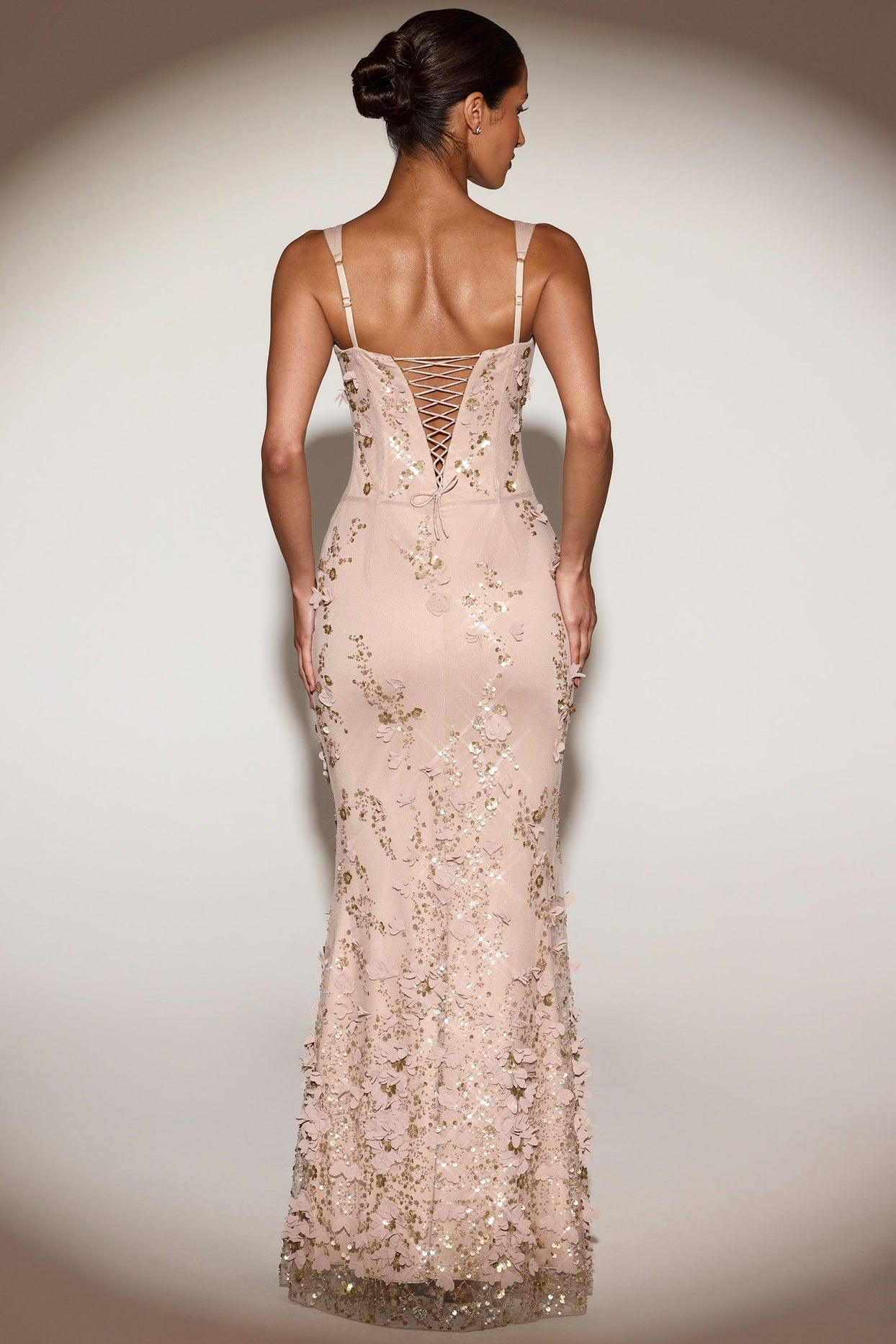 Embellished Appliqué Soft-Scoop Corset Gown in Gold - 4