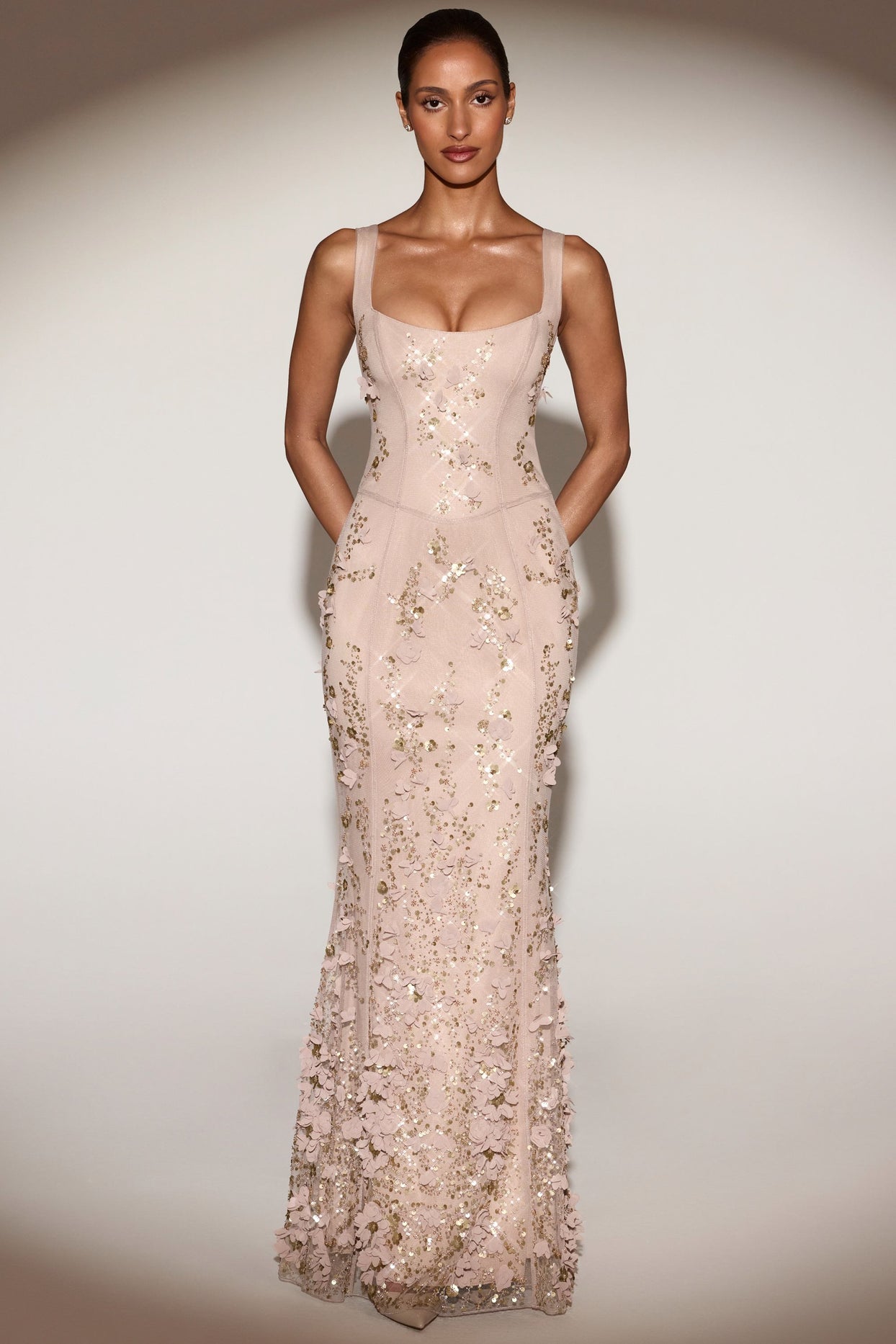 Embellished Appliqué Soft-Scoop Corset Gown in Gold - 10