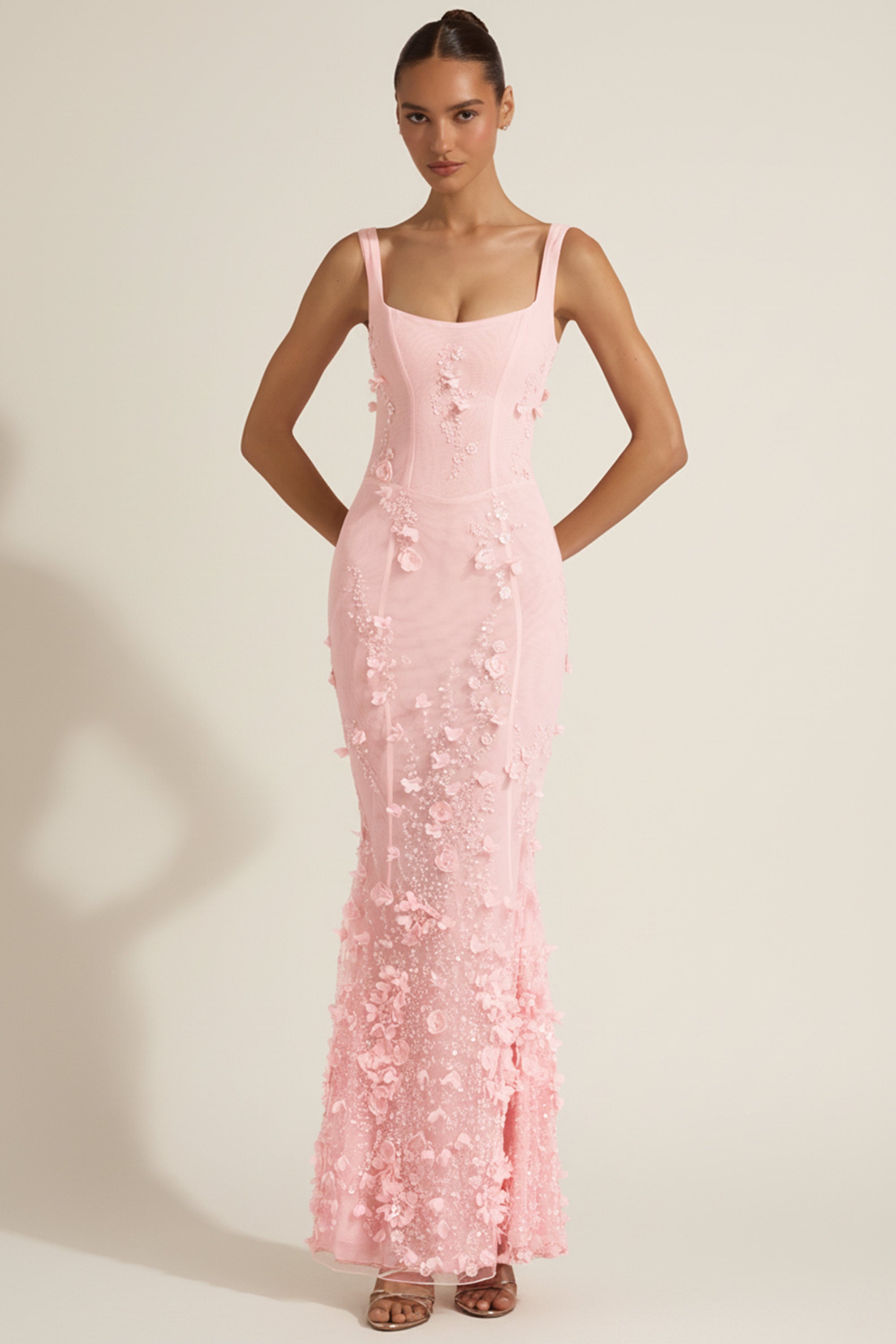 Embellished Appliqué Soft-Scoop Corset Gown in Pink