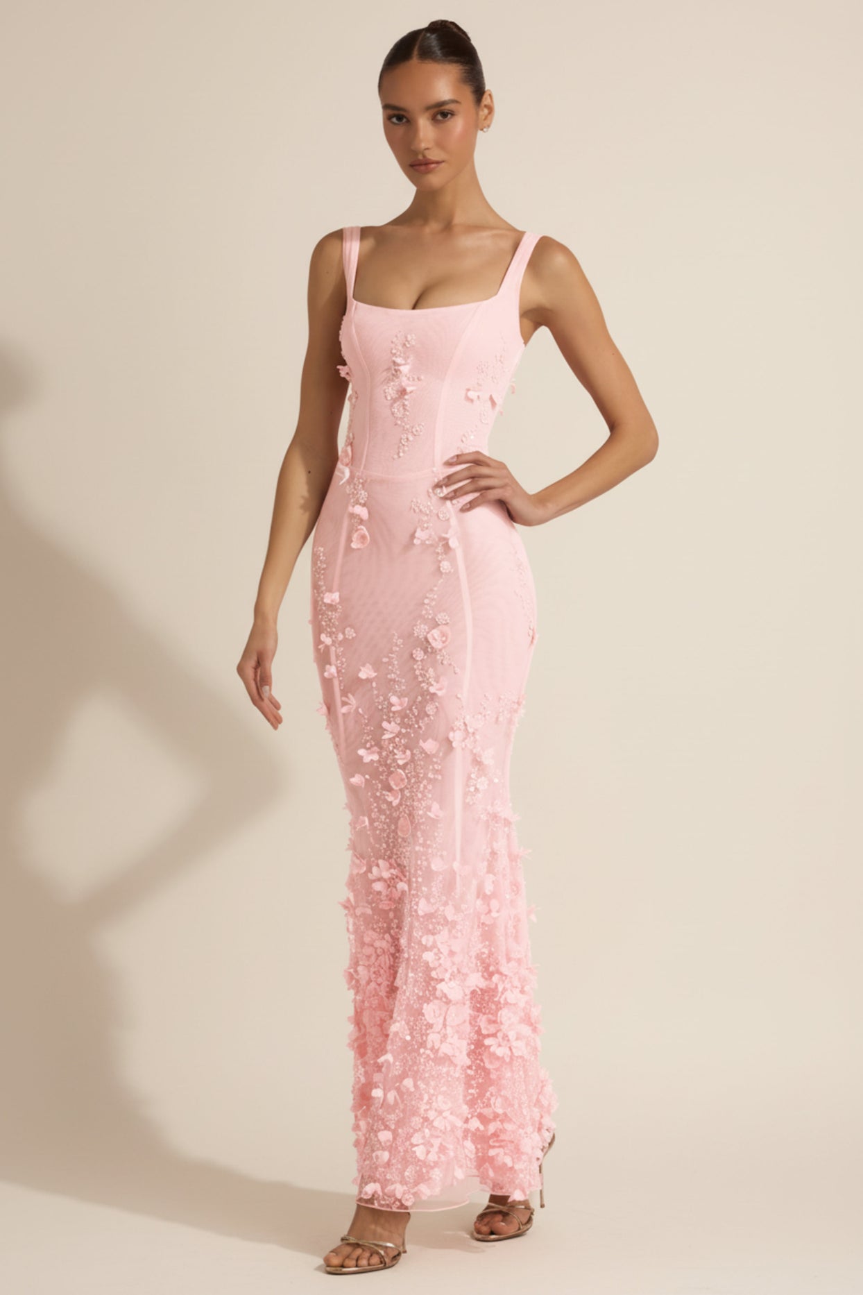 Embellished Appliqué Soft-Scoop Corset Gown in Pink - 8