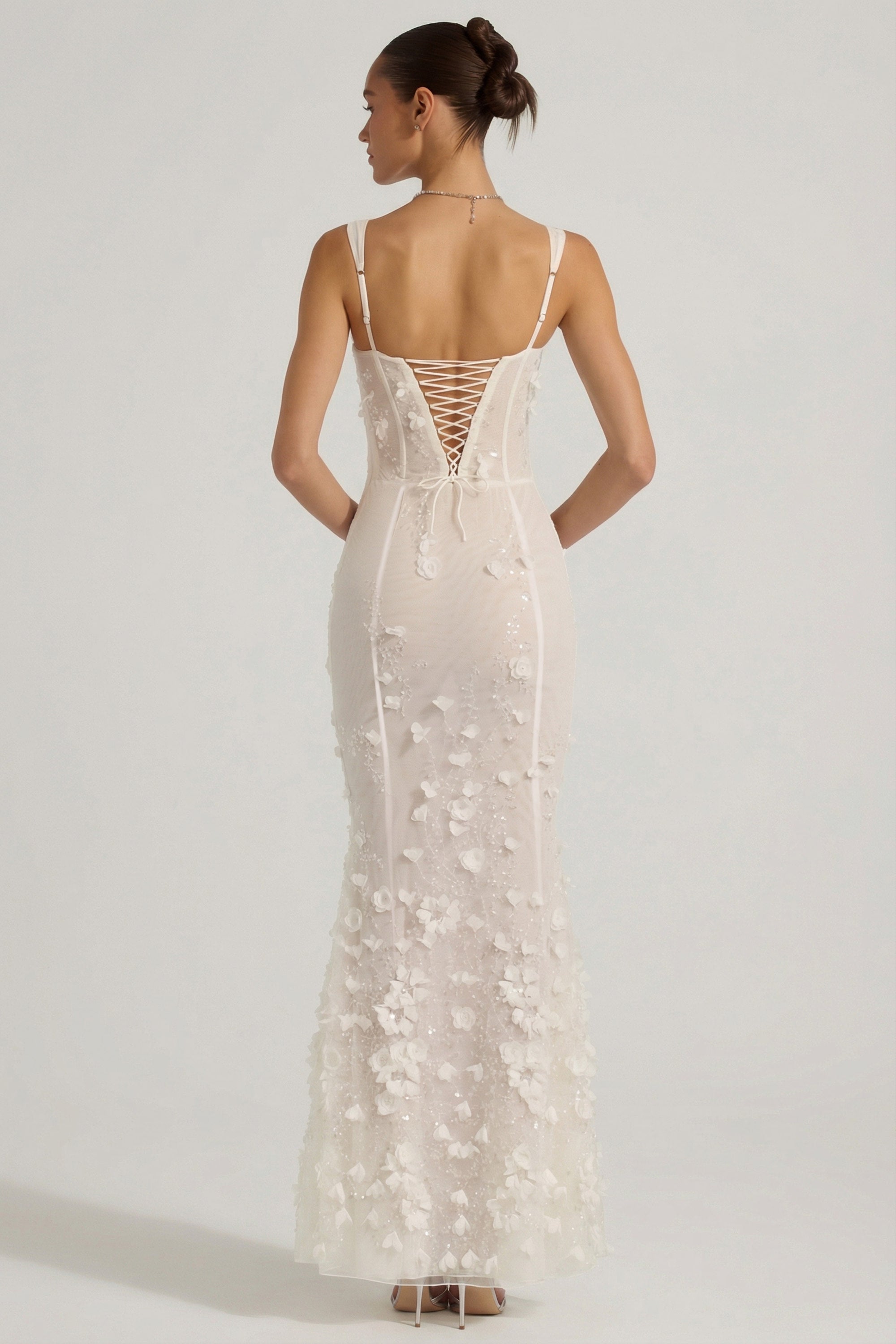 Embellished Appliqué Soft-Scoop Corset Gown in White