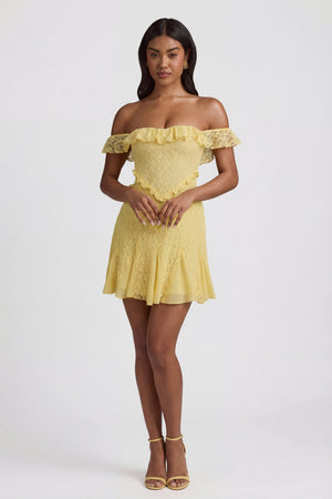 chinese dress ladies Nahida Off-Shoulder Lace A-Line Mini Dress in Pastel Yellow