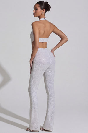 Oh Polly's Anna wearing the Coralena Regular Jumpsuit in White Embellished, Mesh fabric perfect for bridal showers