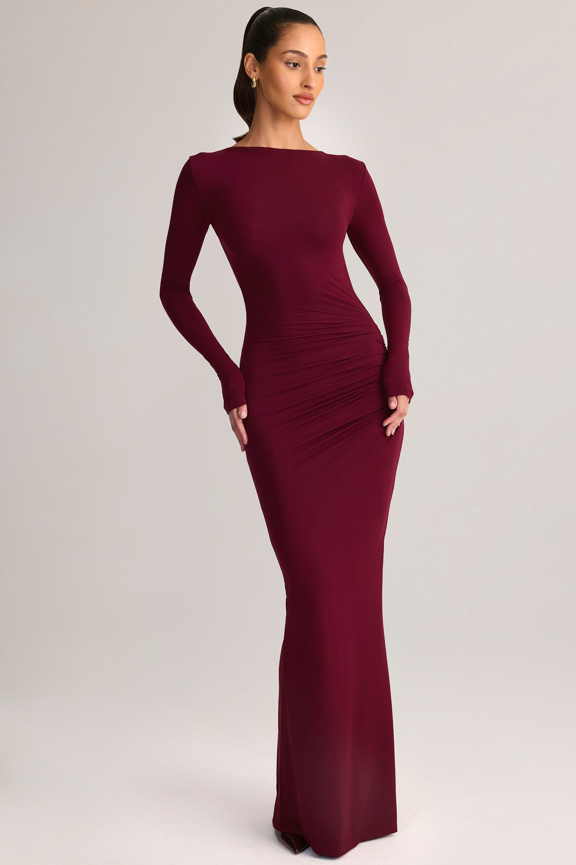 Modal Ruched Backless Maxi Dress in Wine - 2