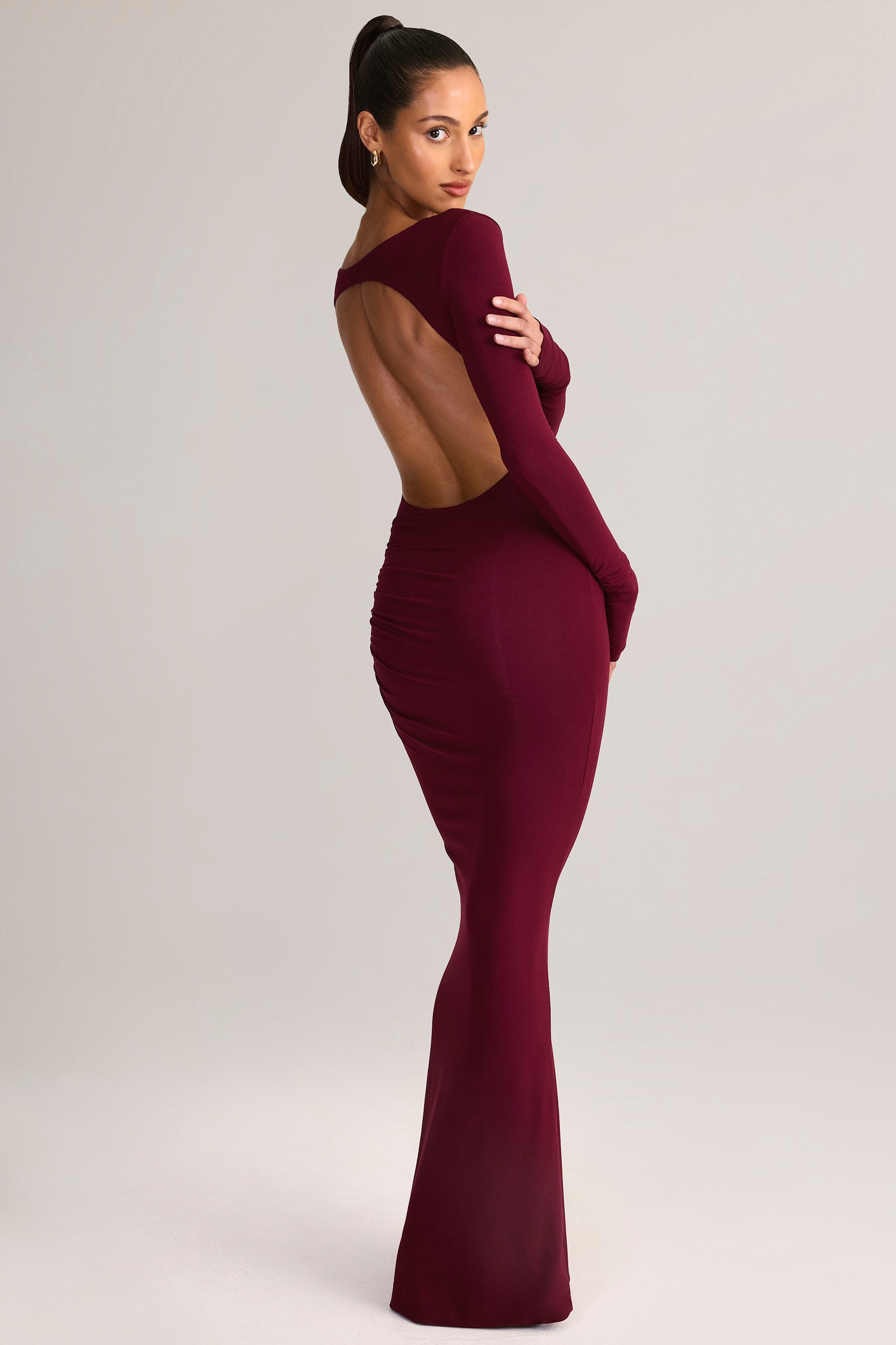 Modal Ruched Backless Maxi Dress in Wine - 1