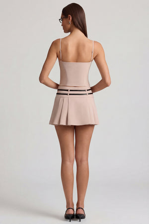 Oh Polly's Anna wearing the Velora Mini Skirt in Mushroom fabric perfect for brunch with friends