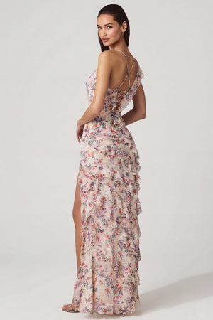 Hera Asymmetric Ruffled Lace-Up Gown in Primrose Floral Print | Oh Polly Hera Asymmetric Ruffled Lace-Up Gown in Primrose Floral Print | Oh Polly