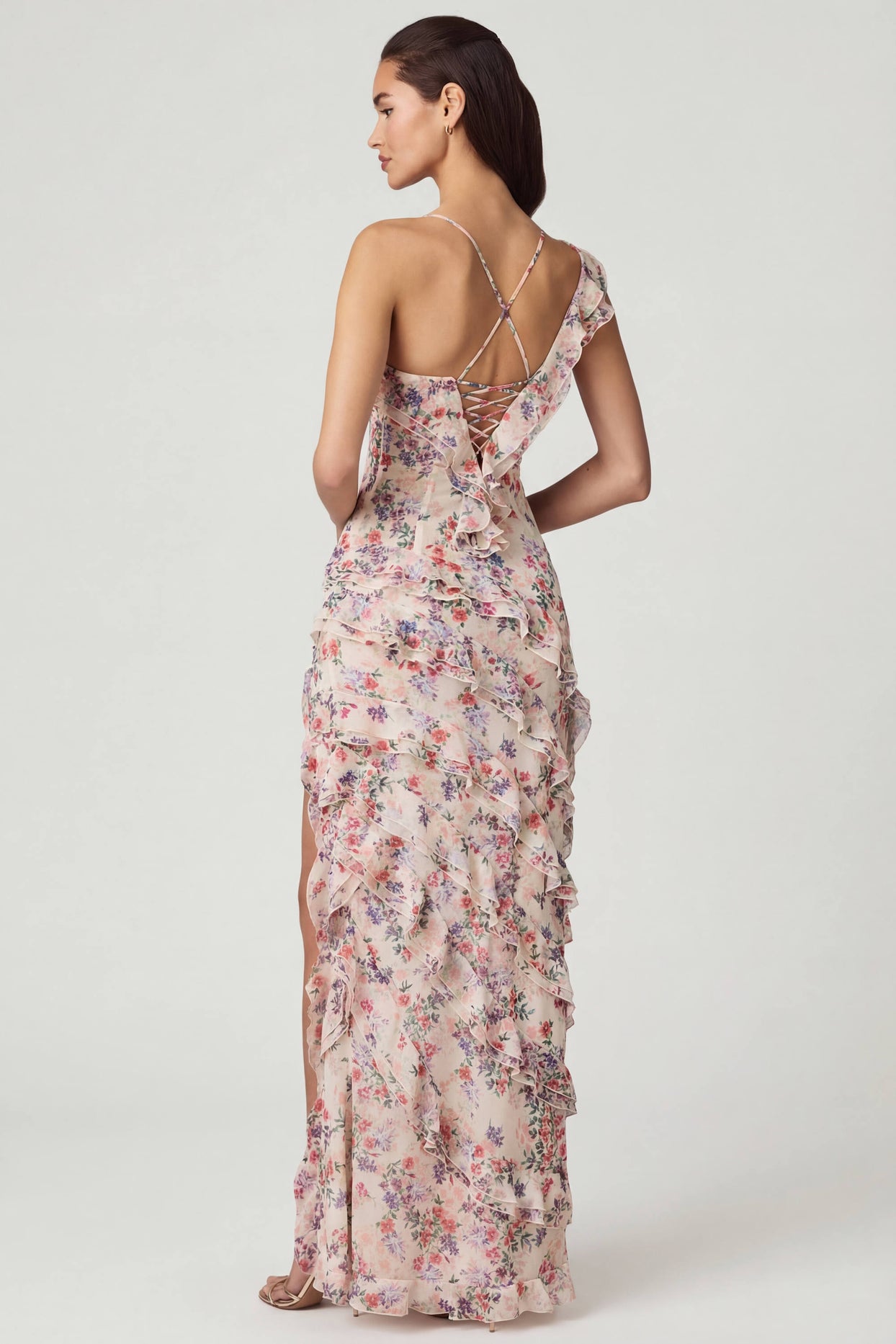 Asymmetric Ruffled Lace-Up Gown in Primrose Floral Print - 4