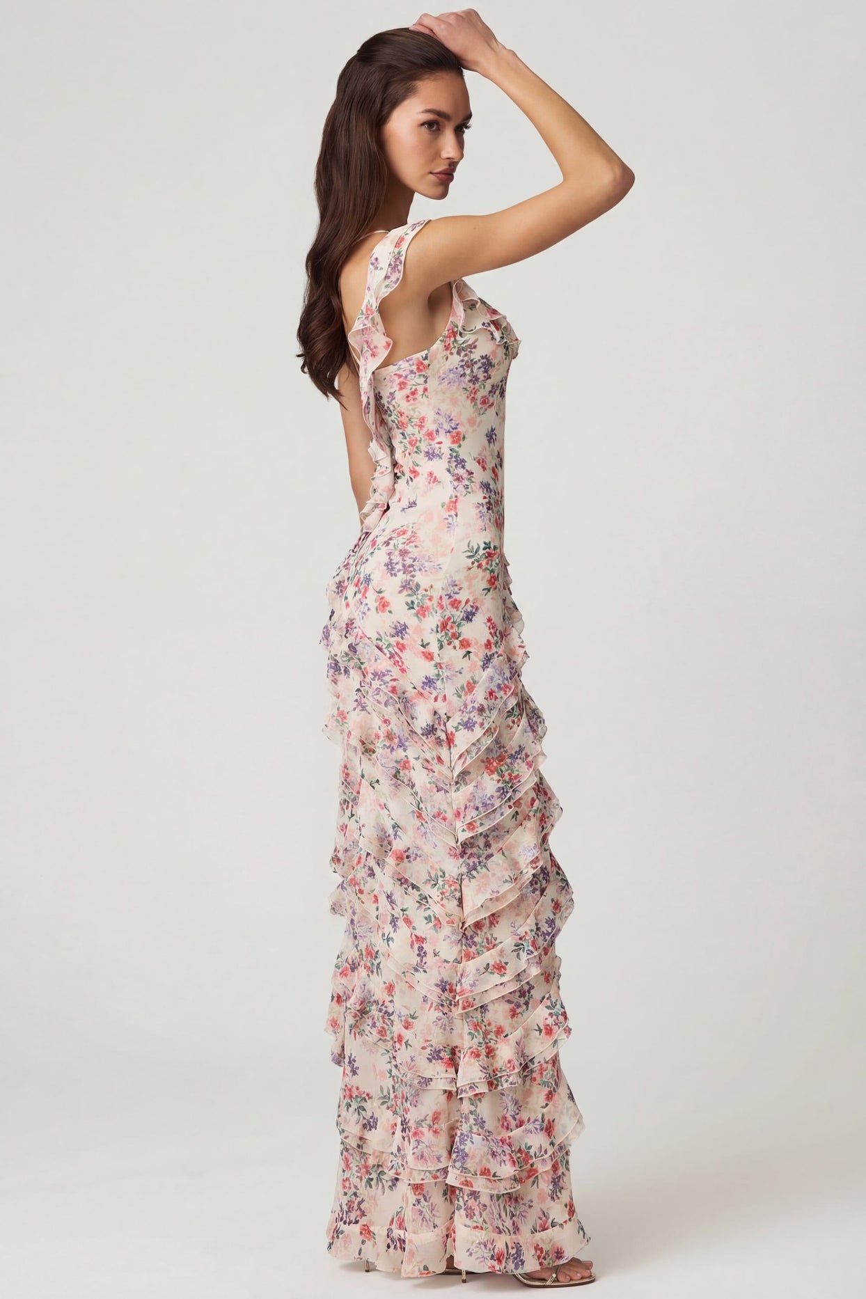 Asymmetric Ruffled Lace-Up Gown in Primrose Floral Print - 7
