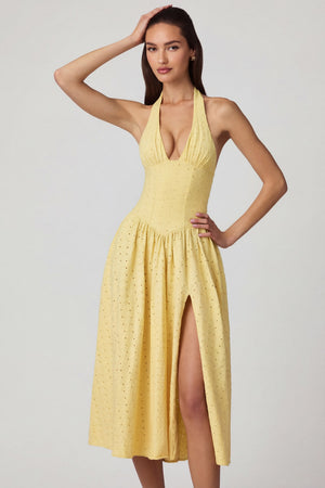Farrah Broderie Anglaise Halterneck Midaxi Dress in Lemon Yellow