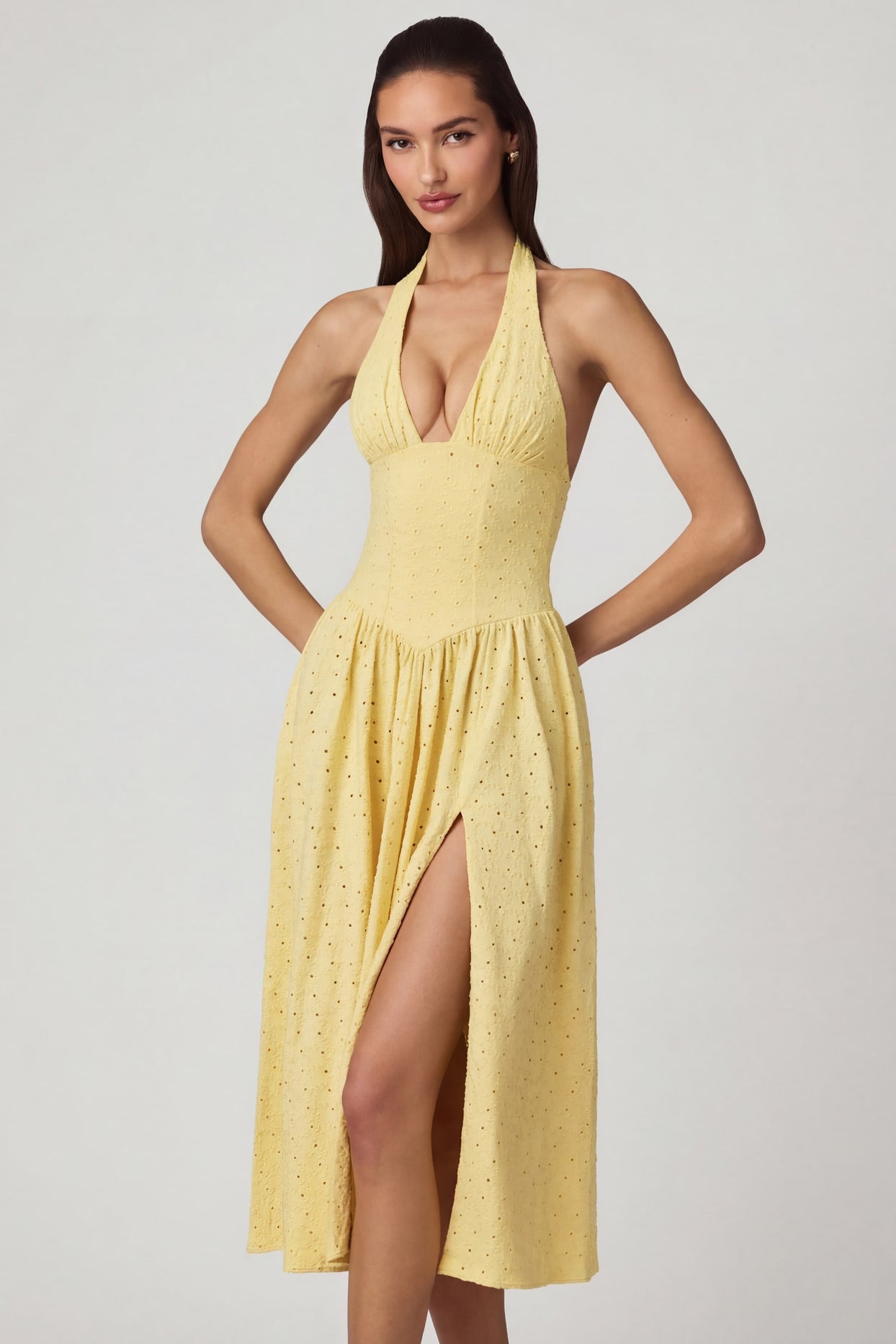 Modal Broderie Anglaise Halterneck Midaxi Dress in Lemon Yellow - 8