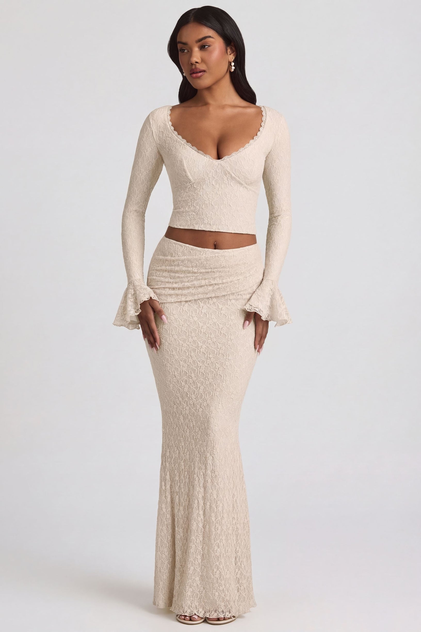 Draped Low-Rise Lace Maxi Skirt in Ivory - 1