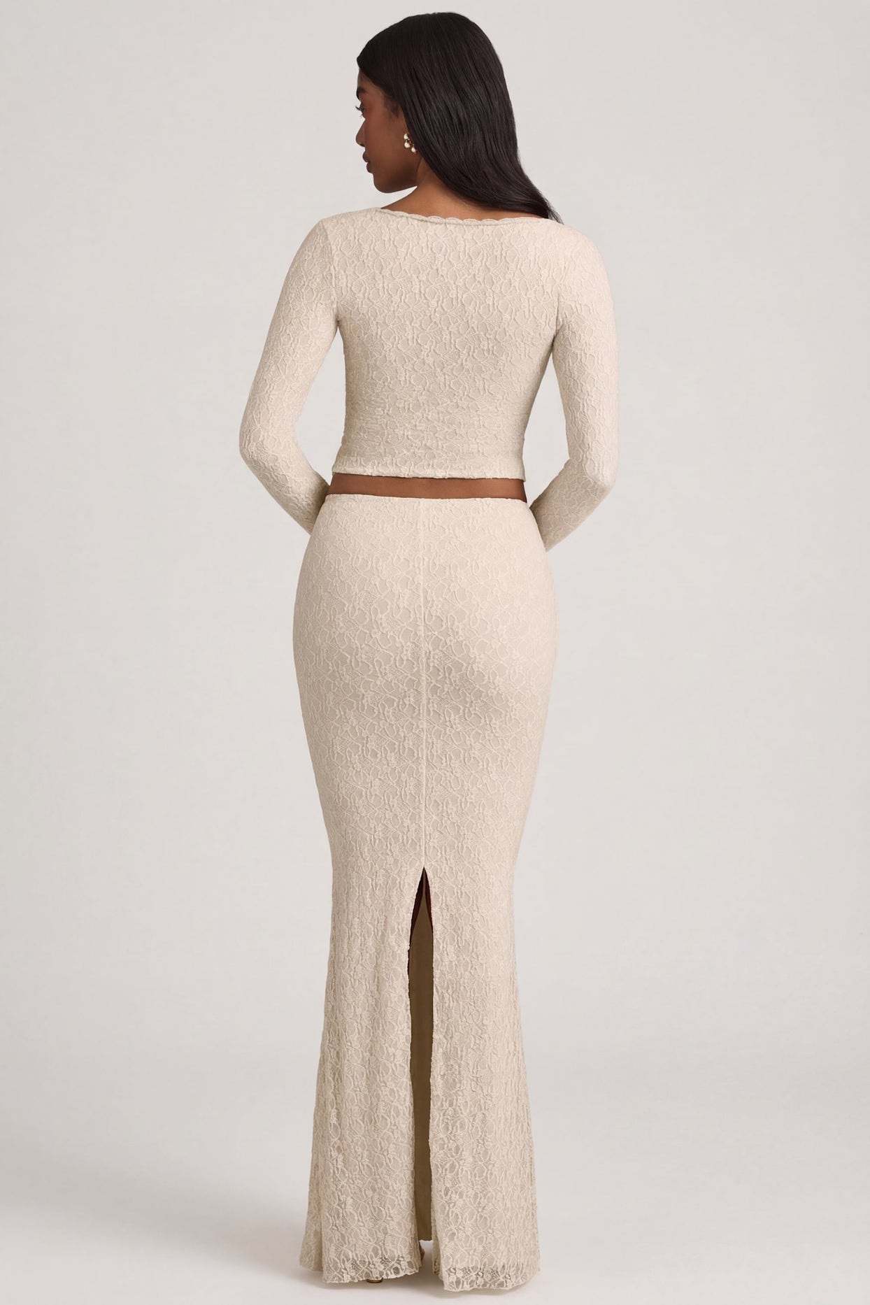 Draped Low-Rise Lace Maxi Skirt in Ivory - 6