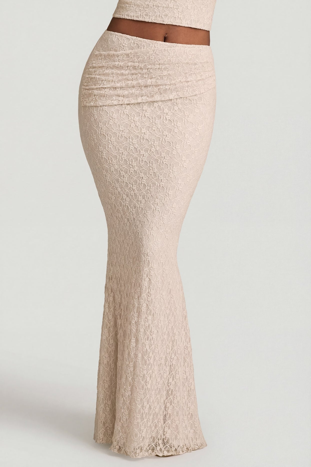 Draped Low-Rise Lace Maxi Skirt in Ivory - 5