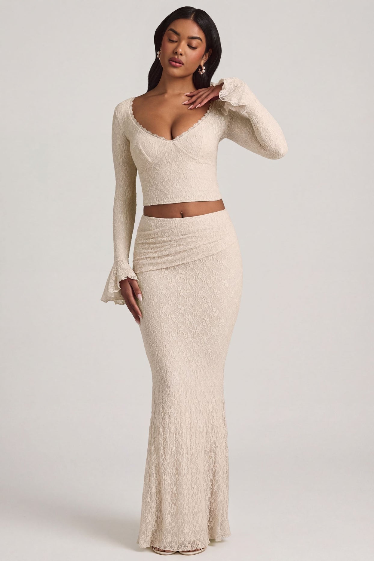 Draped Low-Rise Lace Maxi Skirt in Ivory - 7