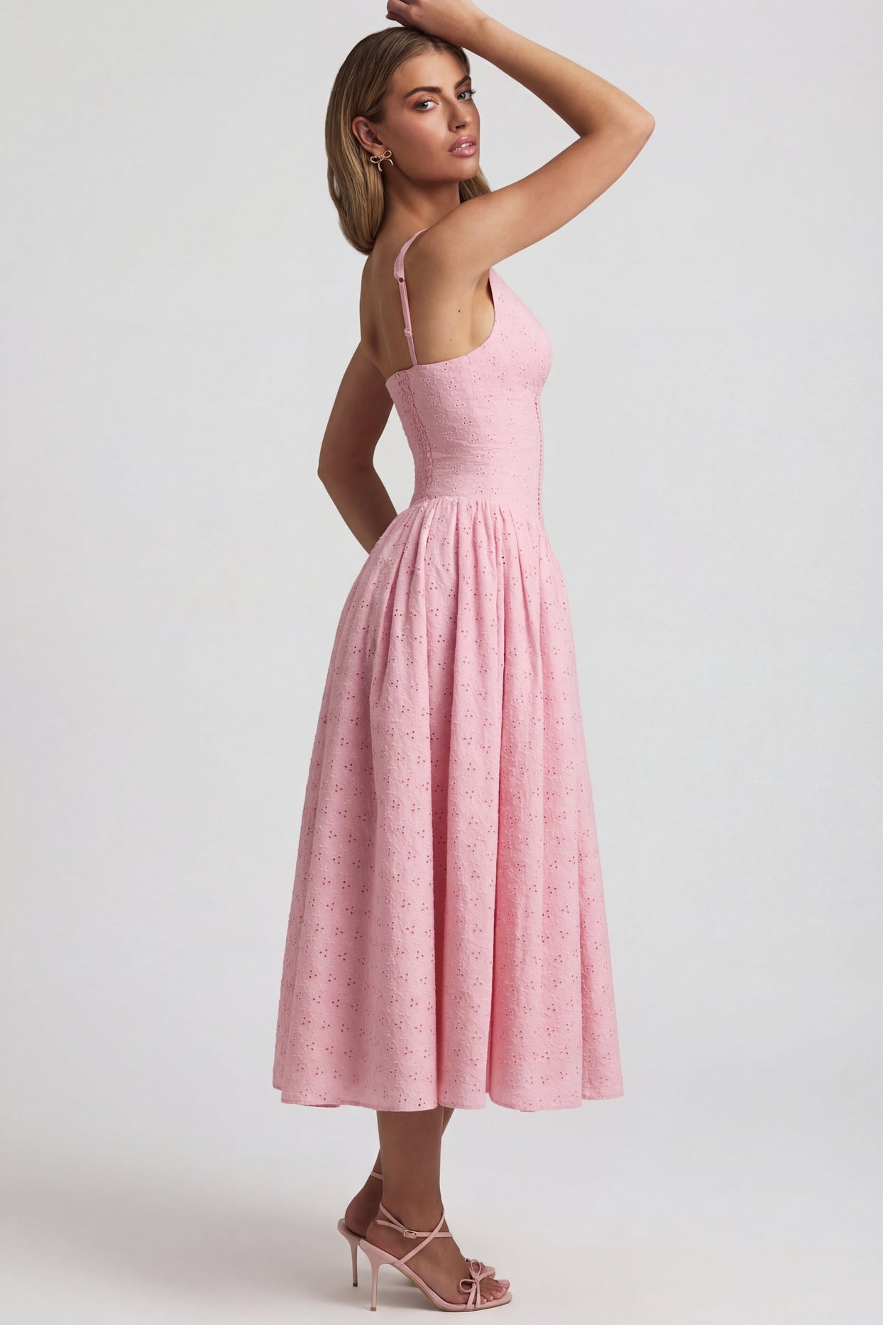 Broderie Anglaise Bow-Detail A-Line Midaxi Dress in Soft Pink - 4