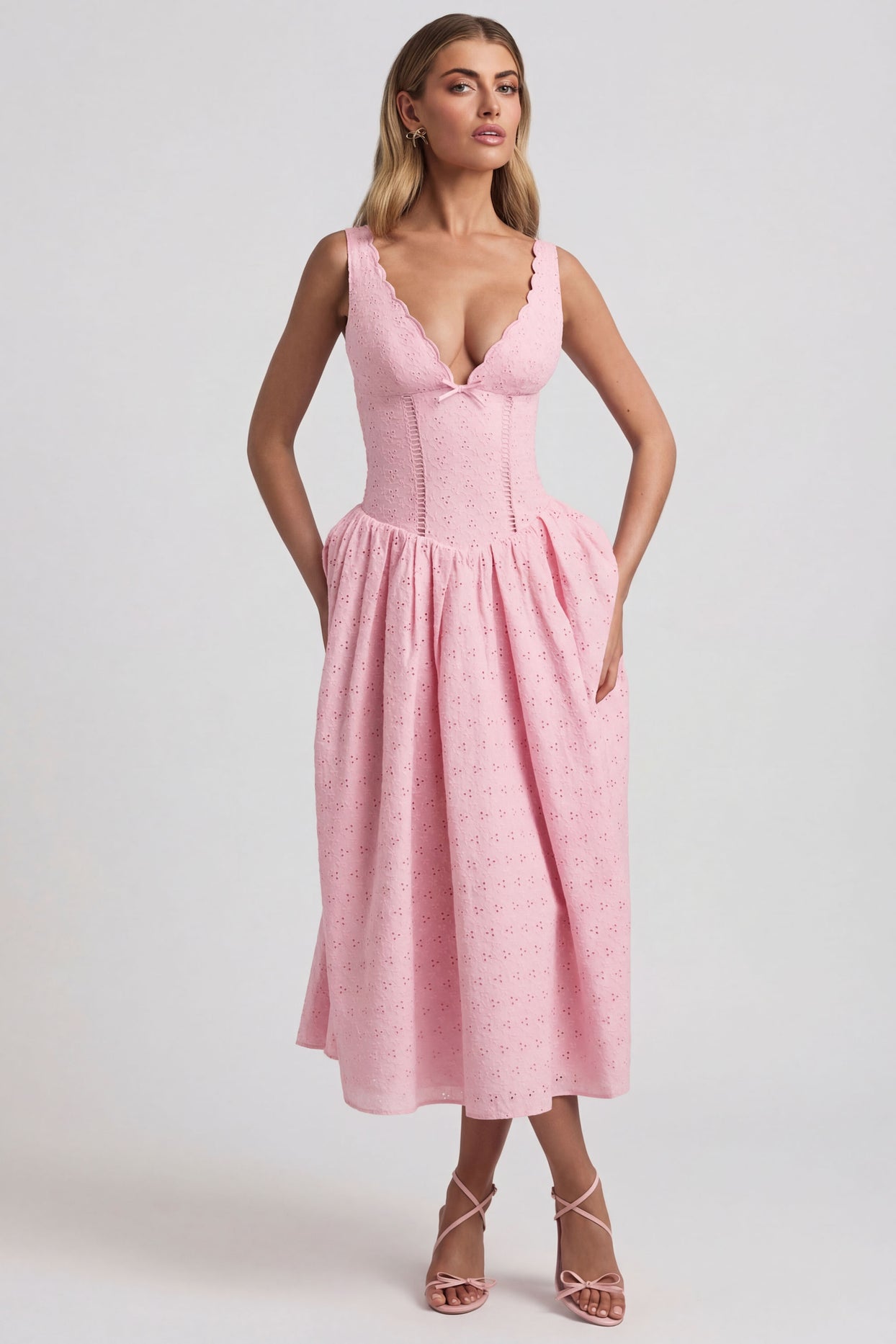 Broderie Anglaise Bow-Detail A-Line Midaxi Dress in Soft Pink - 10
