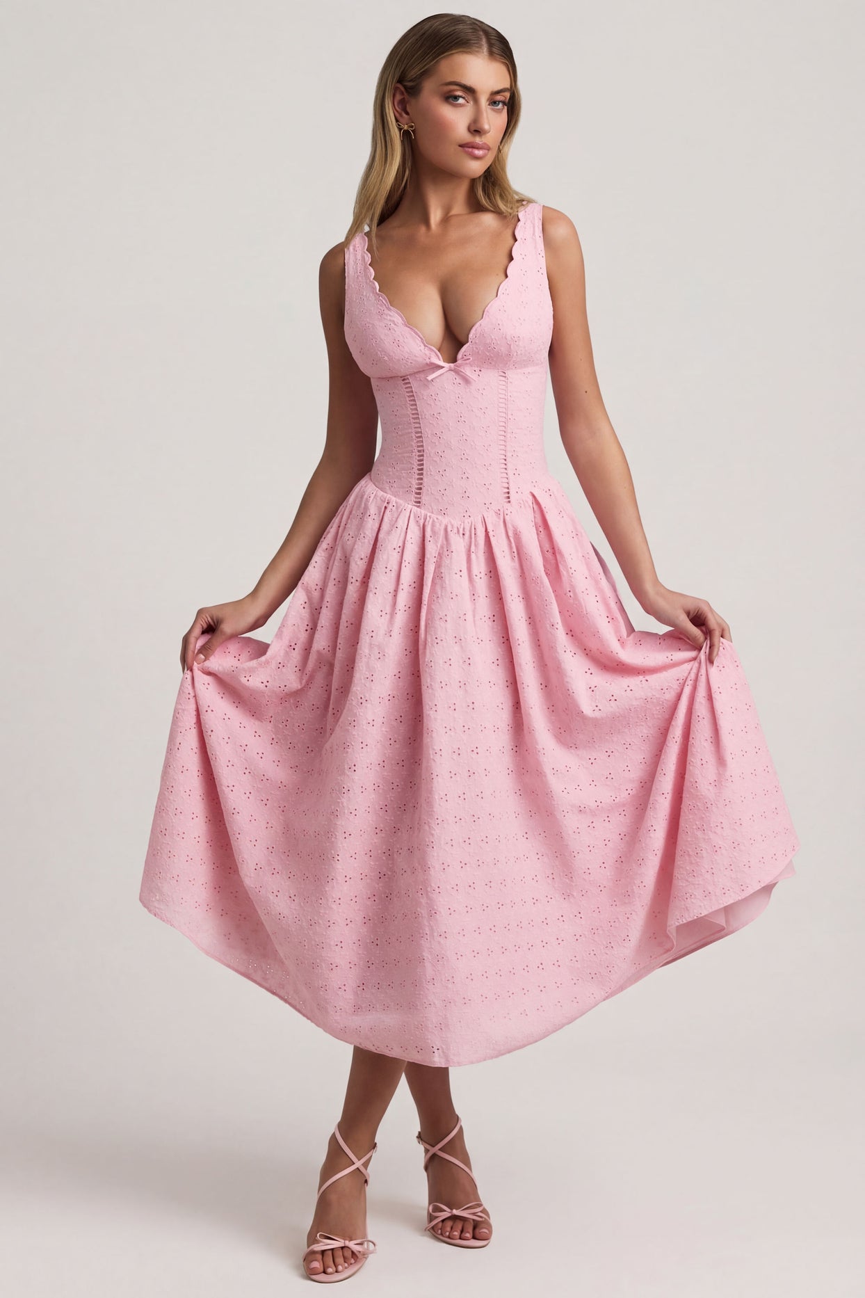 Broderie Anglaise Bow-Detail A-Line Midaxi Dress in Soft Pink - 6