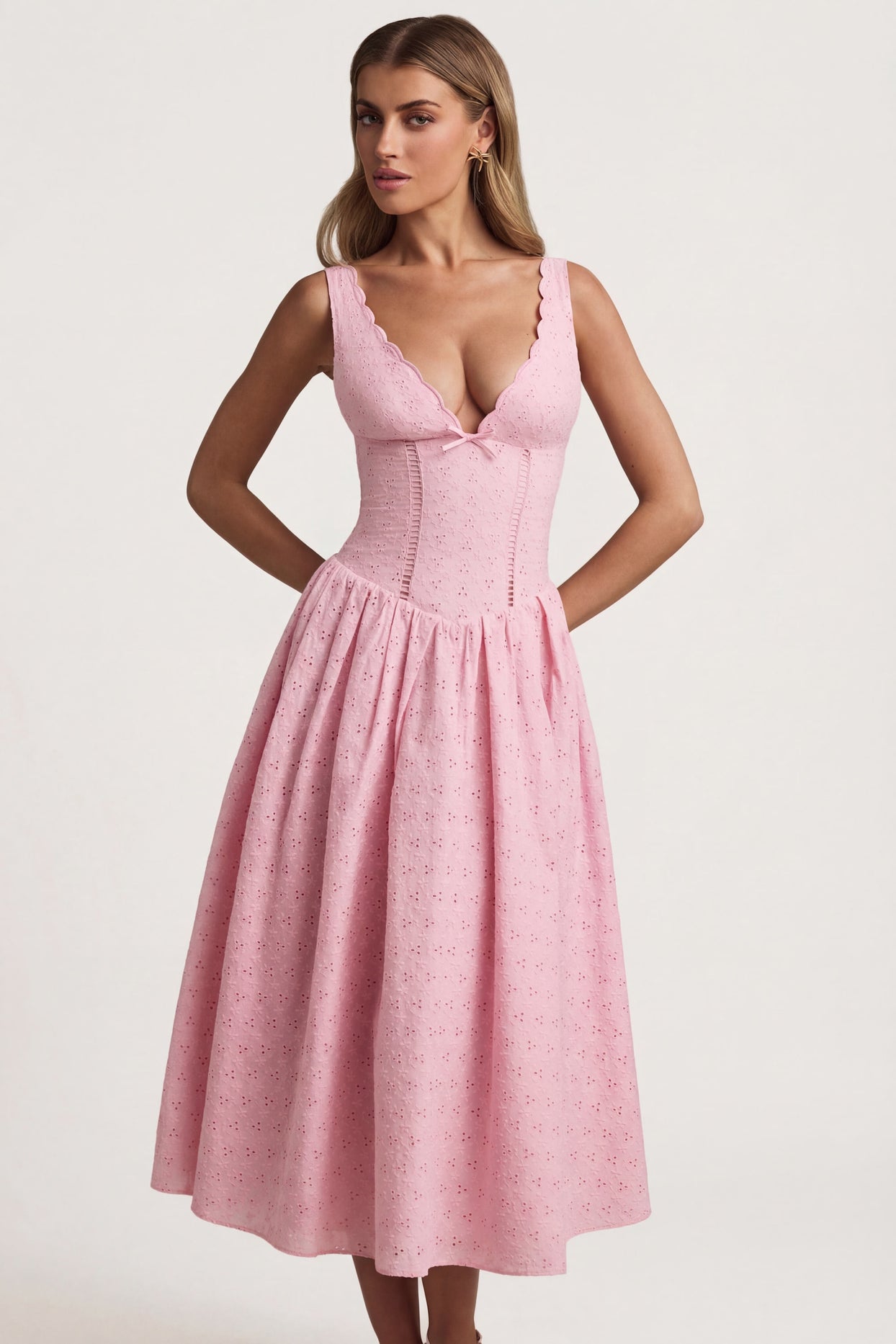 Broderie Anglaise Bow-Detail A-Line Midaxi Dress in Soft Pink - 8