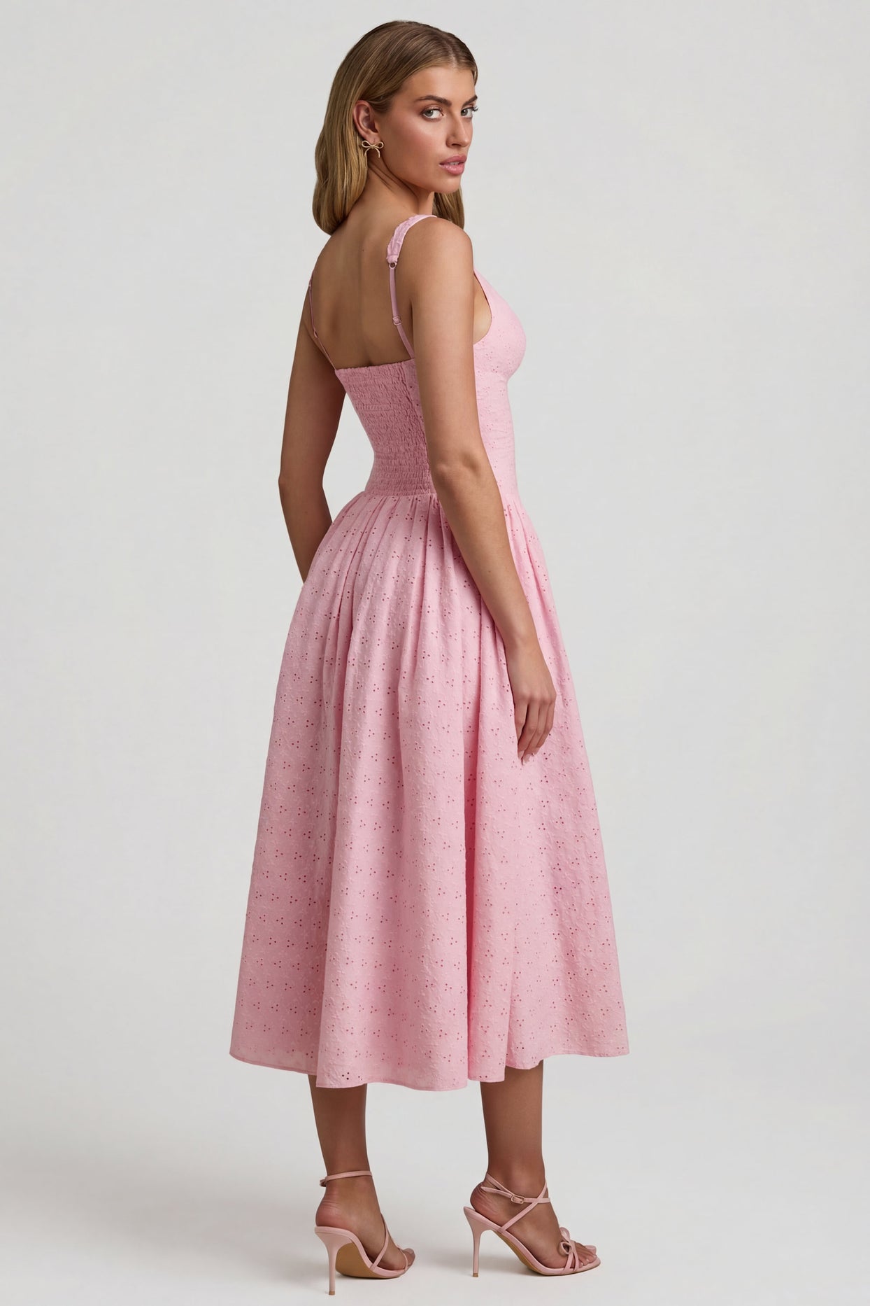 Broderie Anglaise Bow-Detail A-Line Midaxi Dress in Soft Pink - 7