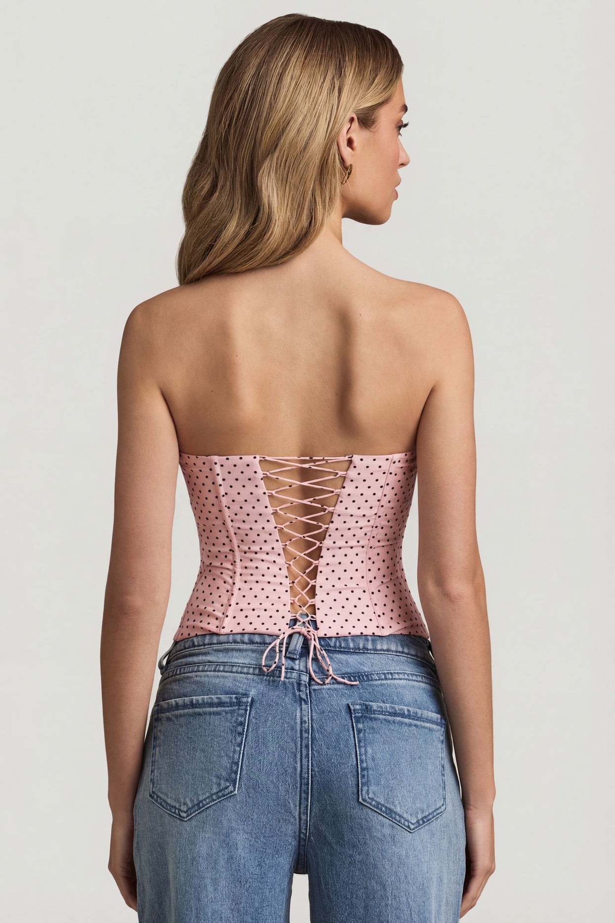 Lace-Up Strapless Corset Top in Pink Polka Dot - 3