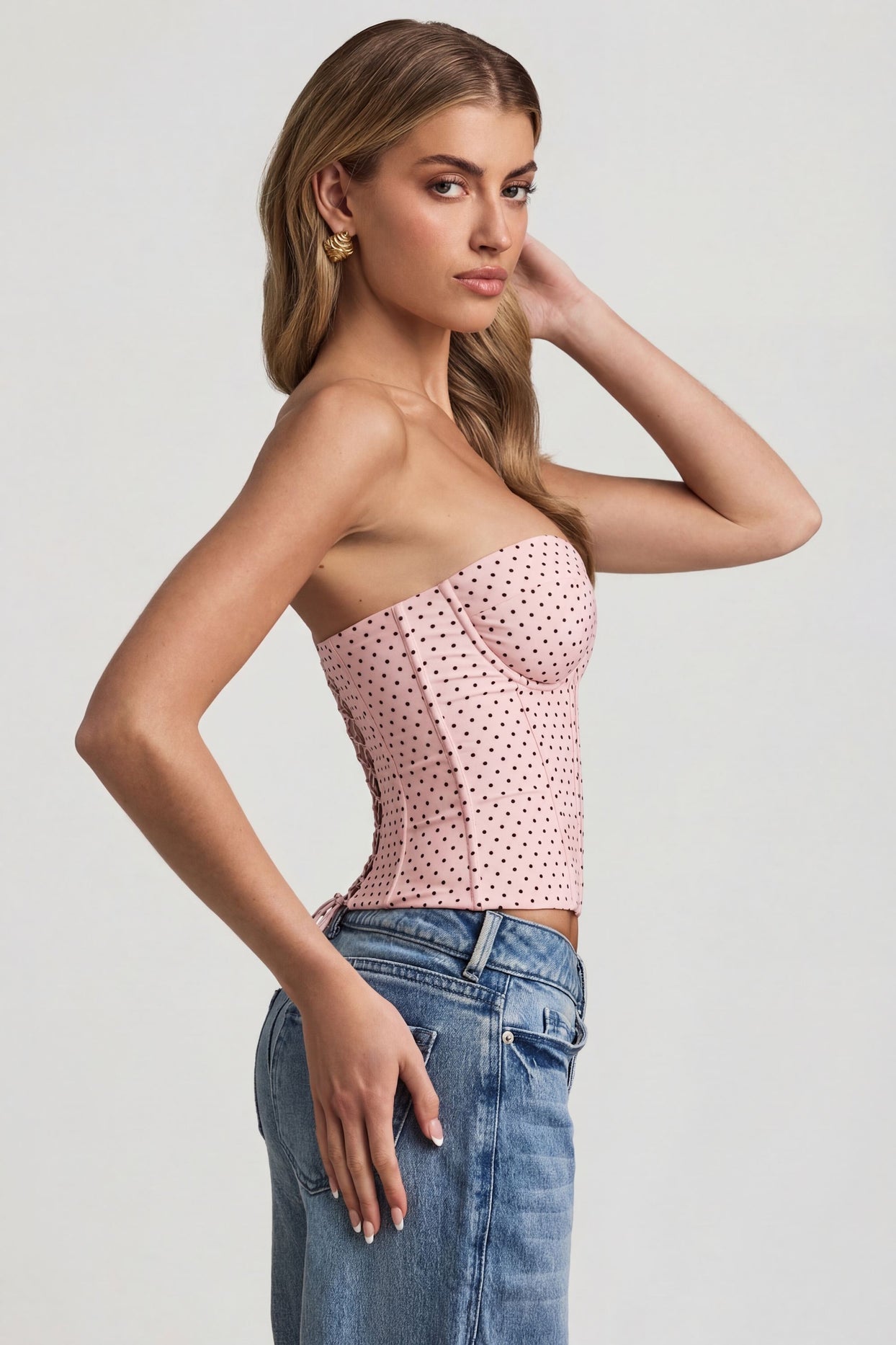 Lace-Up Strapless Corset Top in Pink Polka Dot - 5