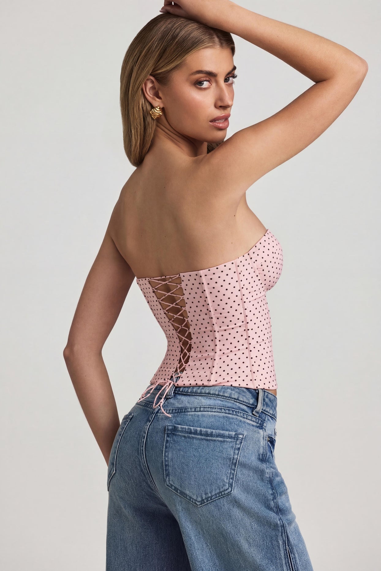 Lace-Up Strapless Corset Top in Pink Polka Dot - 2