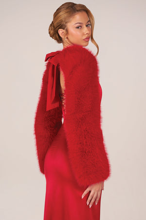 Faux Fur Tie-Up Sleeves in Rose Red
