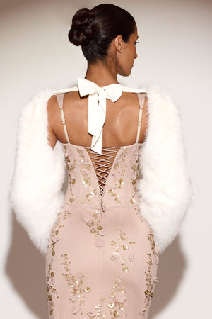 Faux Fur Tie-up Sleeves in White