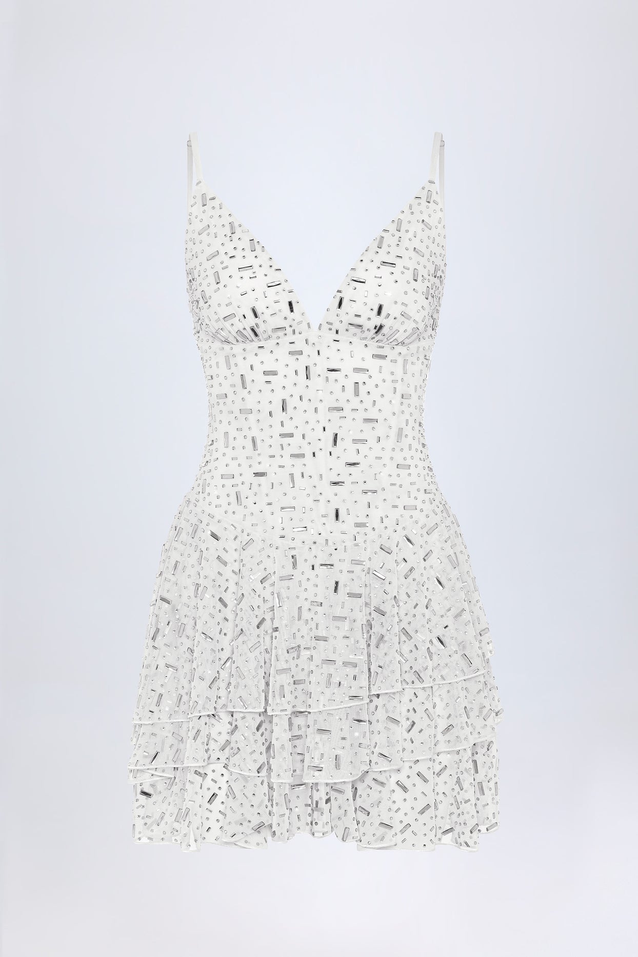 Embellished Ruffled Tiered Mini Dress in White - 4