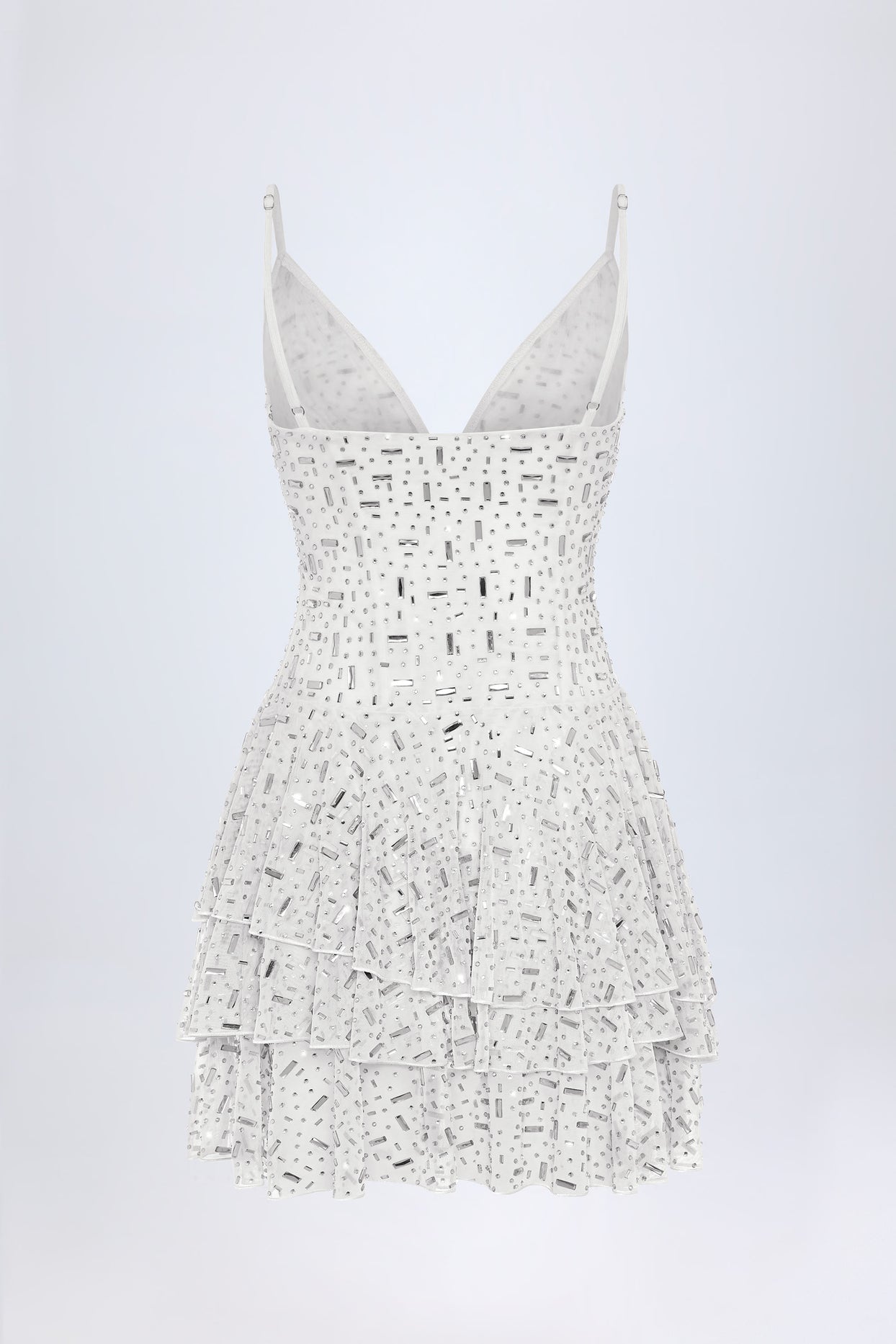 Embellished Ruffled Tiered Mini Dress in White - 6