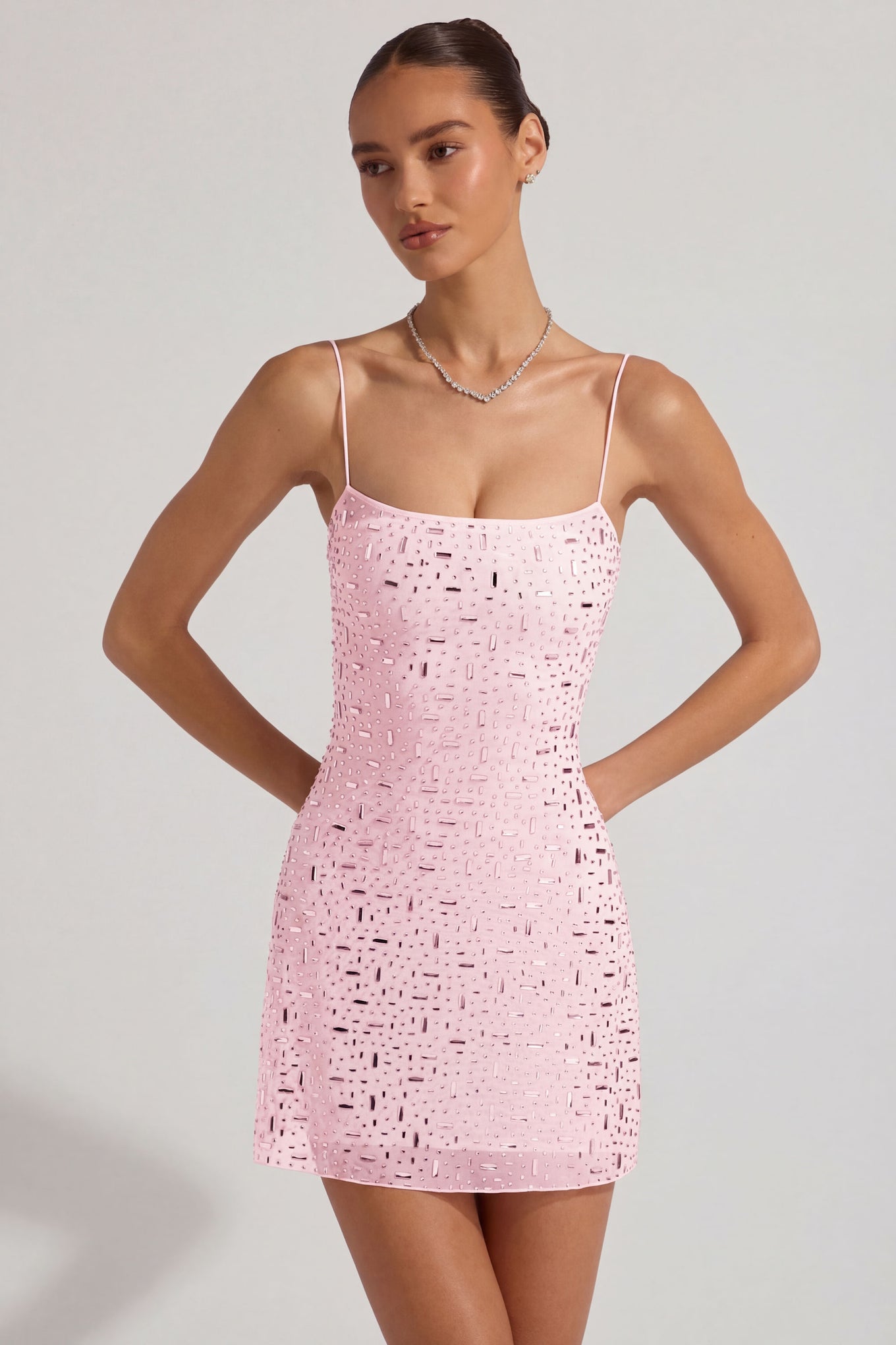 Sheer Embellished Square-Neck Mini Dress in Pink - 1