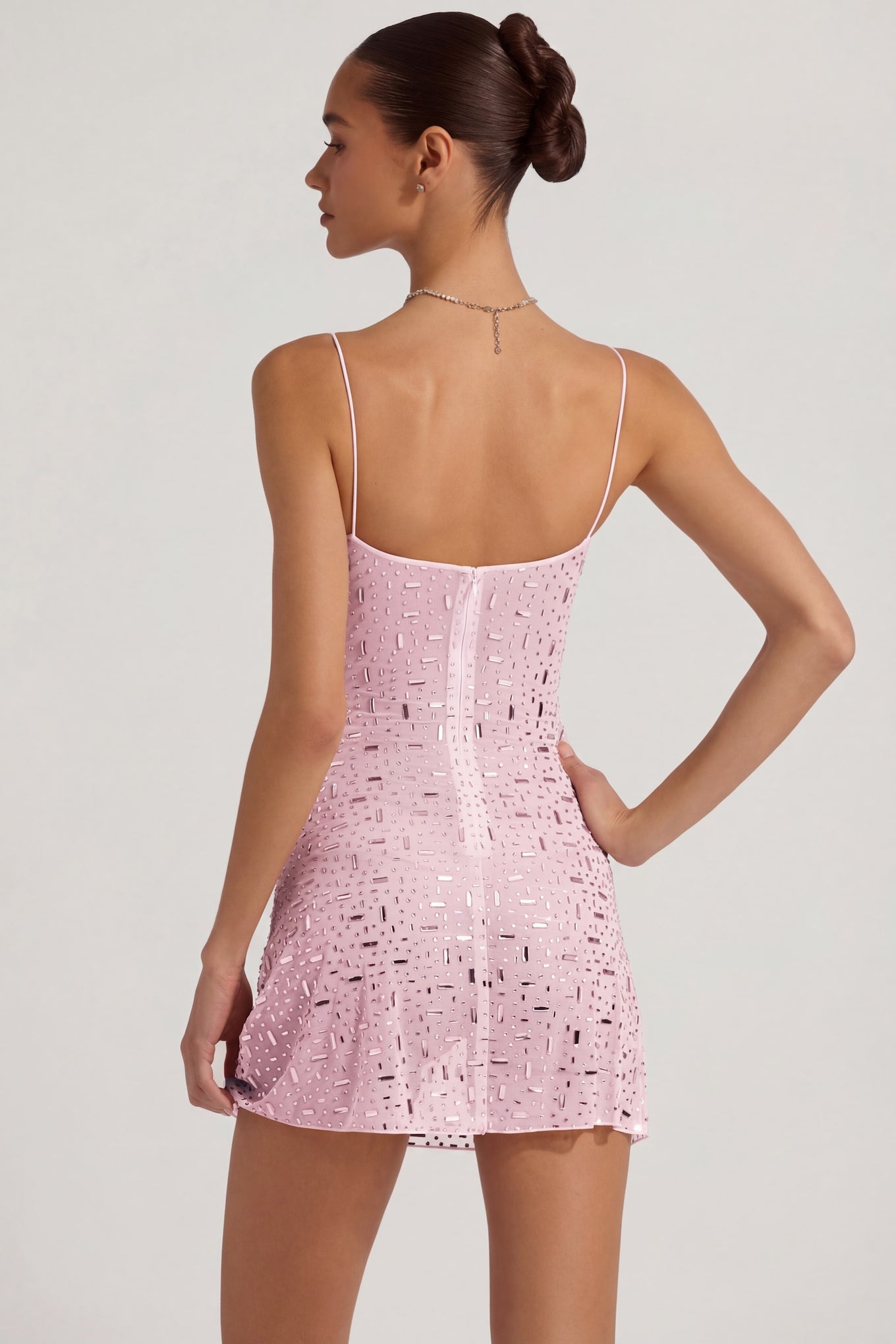 Sheer Embellished Square-Neck Mini Dress in Pink - 2