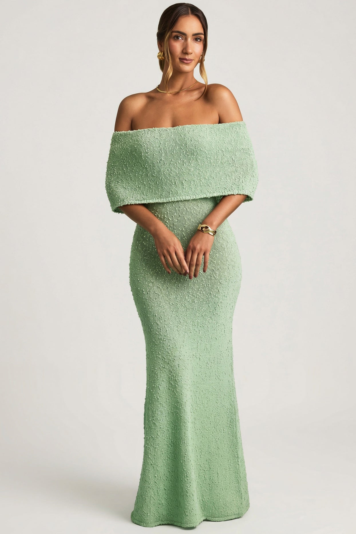 Bouclé Off-Shoulder Maxi Dress in Mint - 7