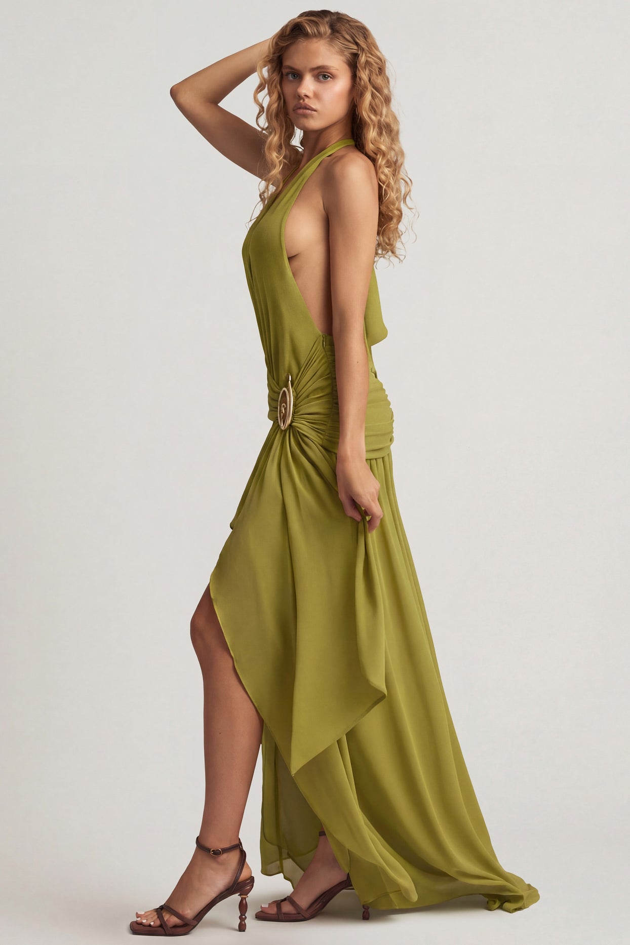 Asymmetric Halterneck Maxi Dress in Olive Green - 4