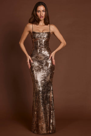 Embellished Straight-Neck Maxi Dress in Black Gold Foil