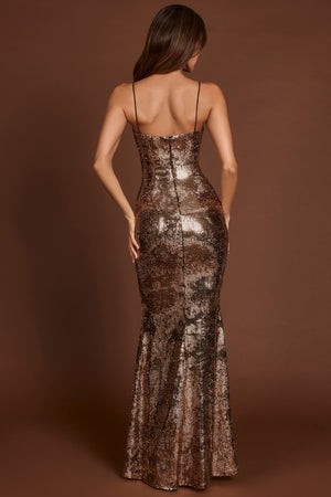 Embellished Straight-Neck Maxi Dress in Black Gold Foil