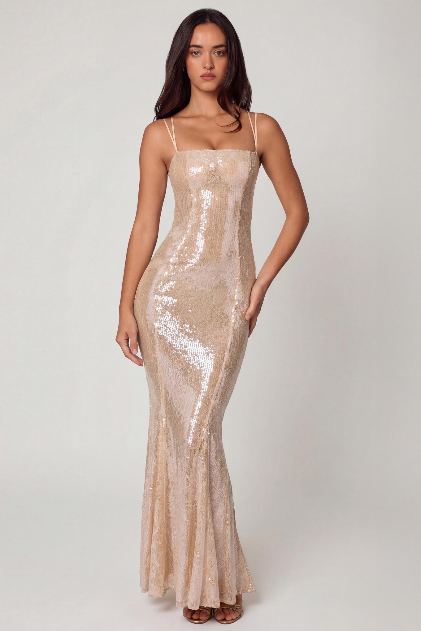 Embellished Square Neck Lace Gown in Pale Peach - 1