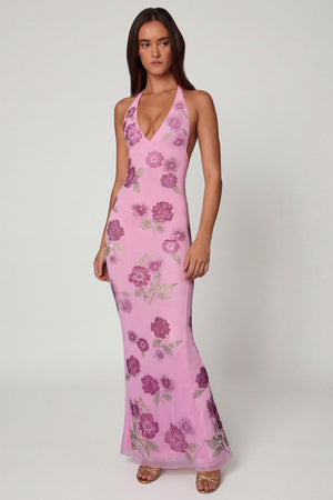 Oh Polly's Roberta wearing the Gyda Maxi Dress in Ballet Pink Mesh, Square Hotfix fabric, perfect for a girls' night out