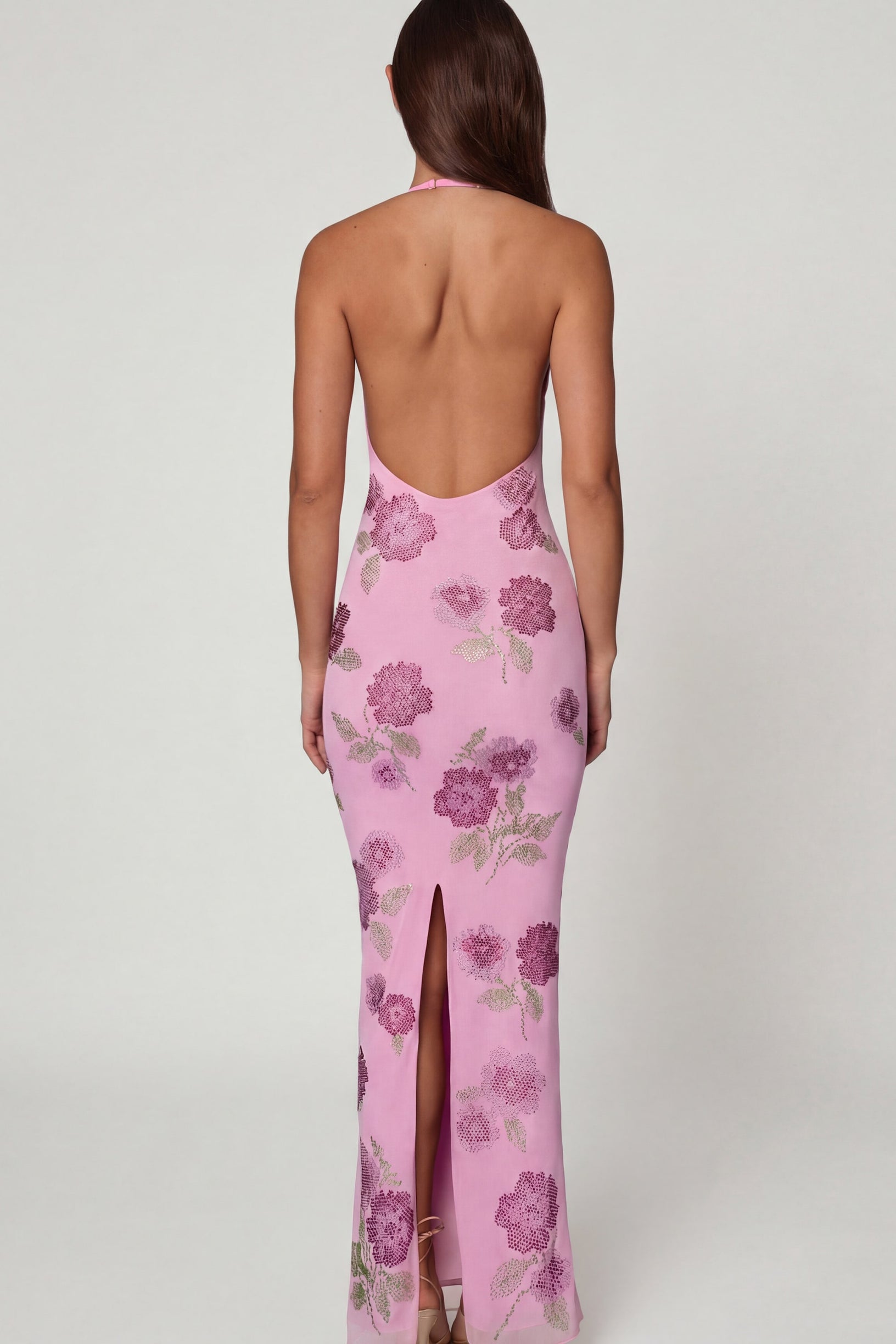 Embellished Halterneck Maxi Dress in Soft Pink - 2