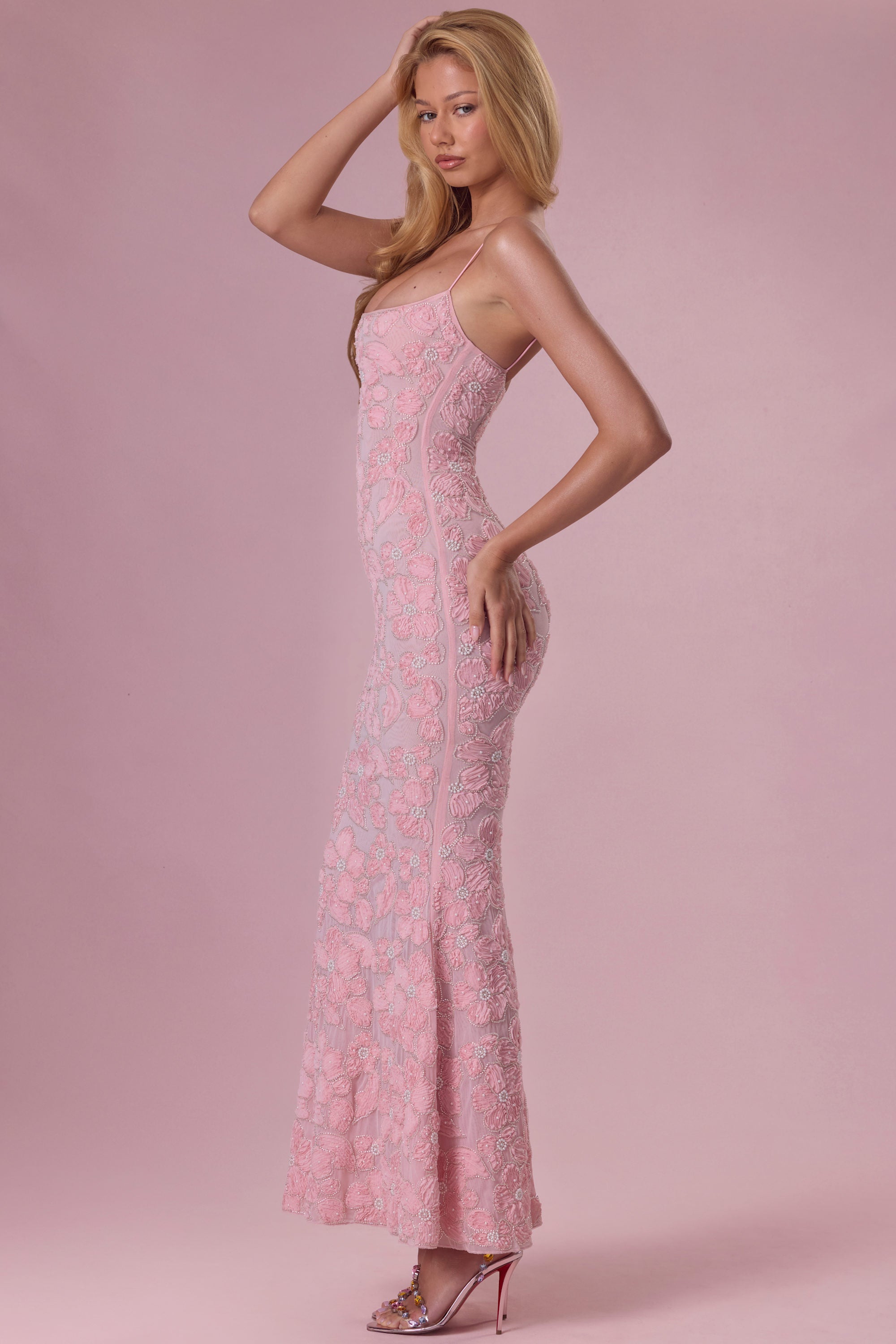 Embellished Square Neck Maxi Dress in Blush
