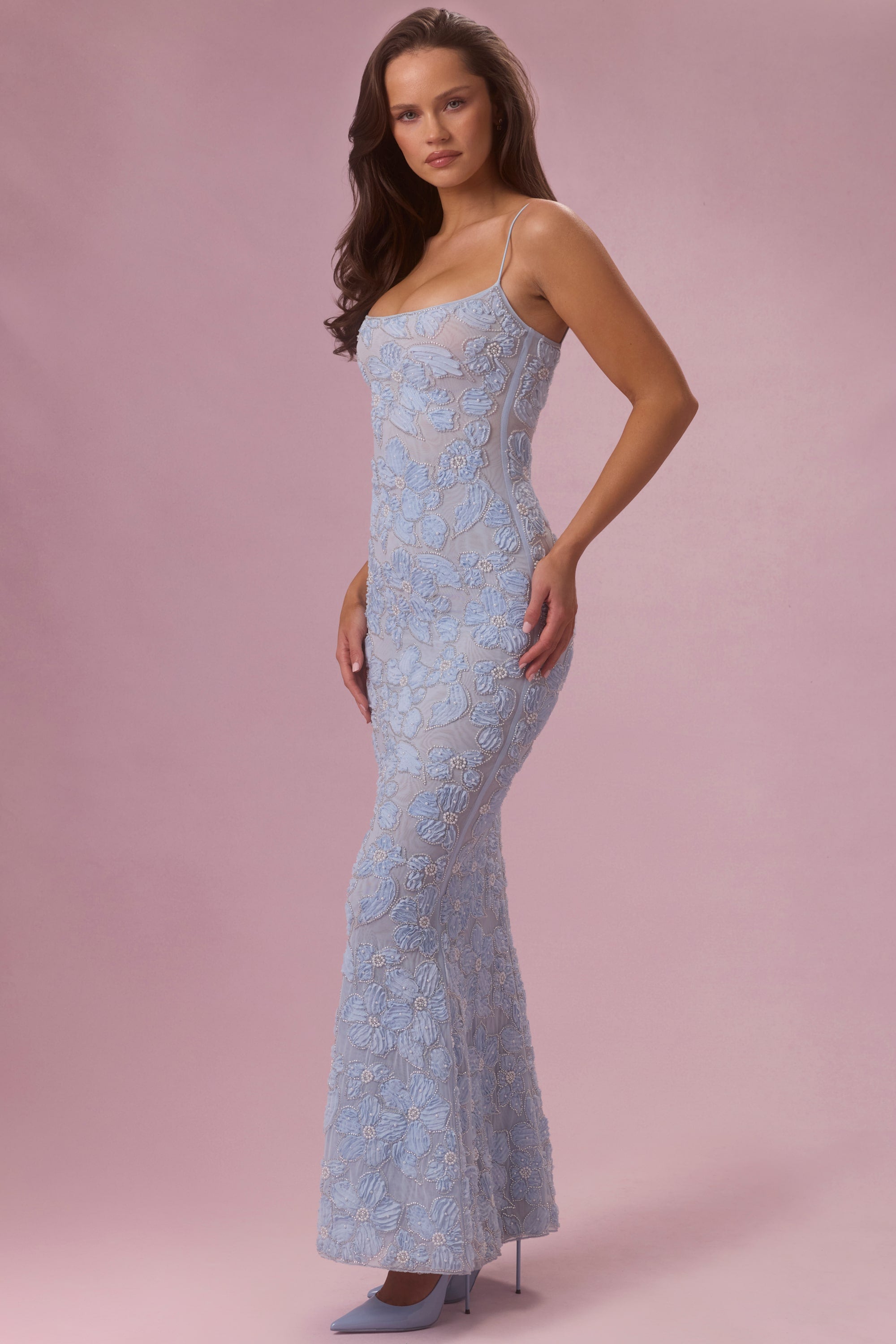 Embellished Square Neck Maxi Dress in Sky Blue