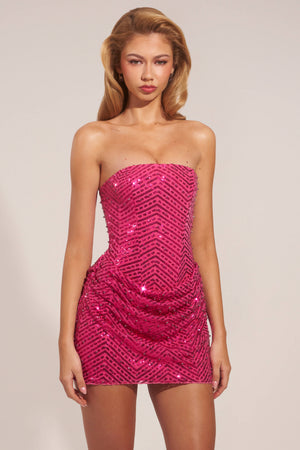 women's hot pink short strapless dress Mellie Embellished Draped Strapless A-Line Mini Dress in Hot Pink