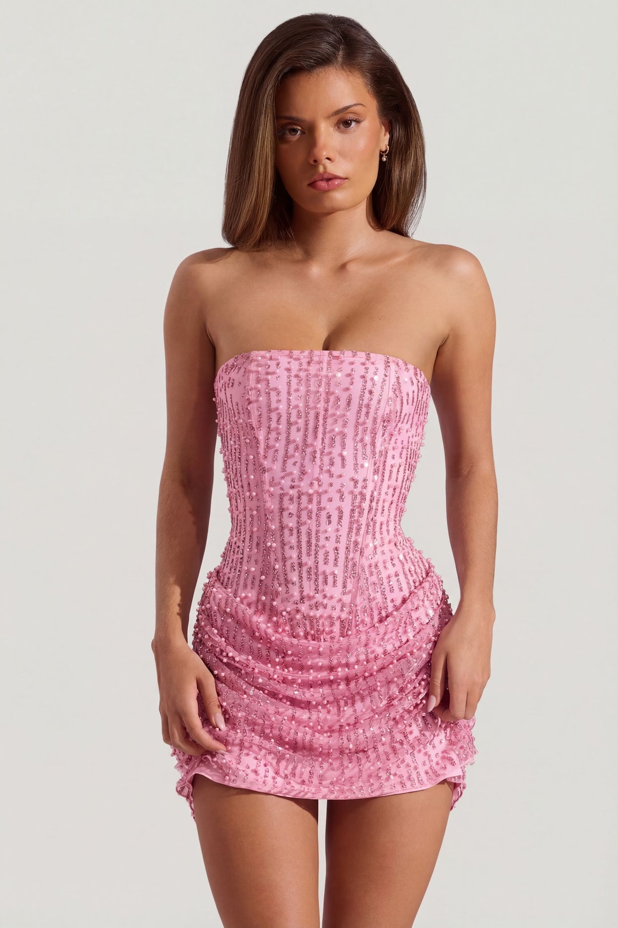 Embellished Draped Strapless A-Line Mini Dress in Pink - 6